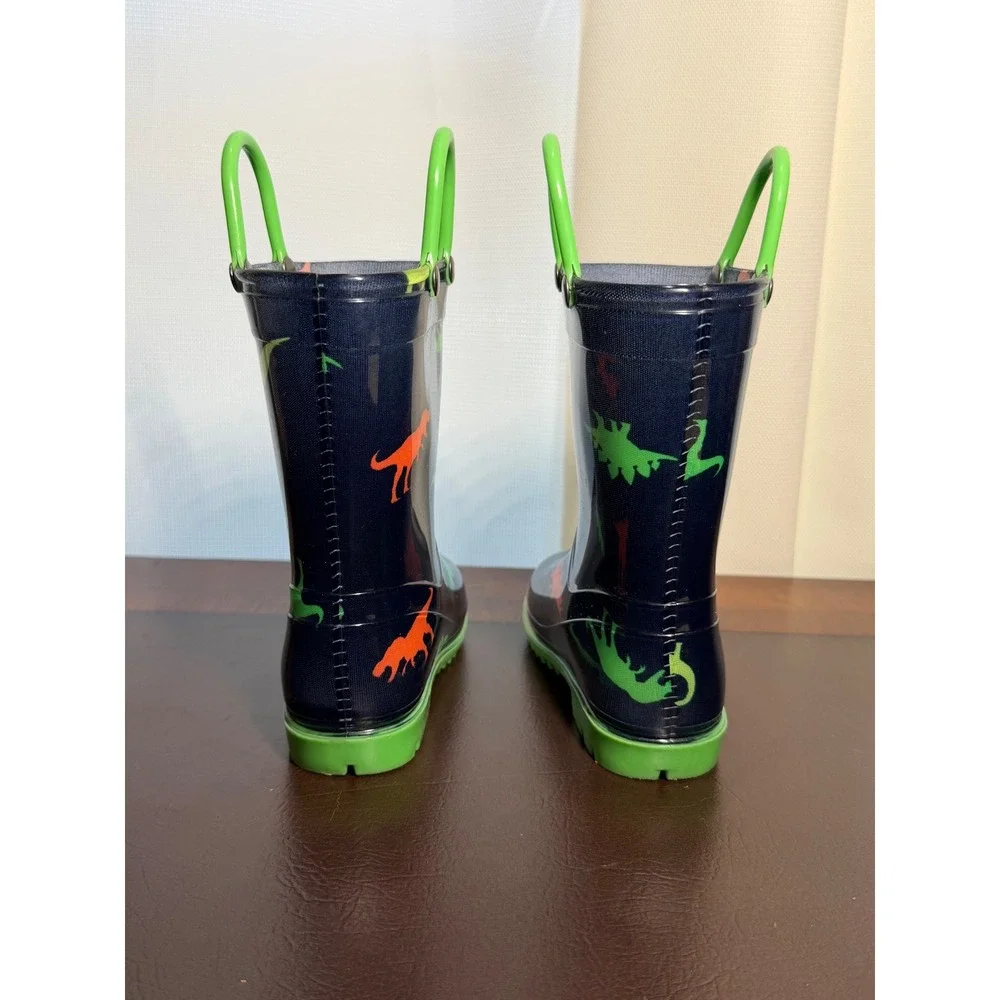 Kids Navy Blue Dinosaur Print Waterproof Rain Boots Pull On Green Handles 6-7
